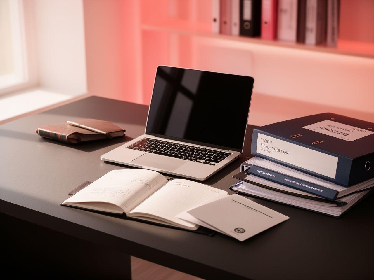 Solicitor workspace with a laptop, notebook, and legal files in a bright Sandwell office