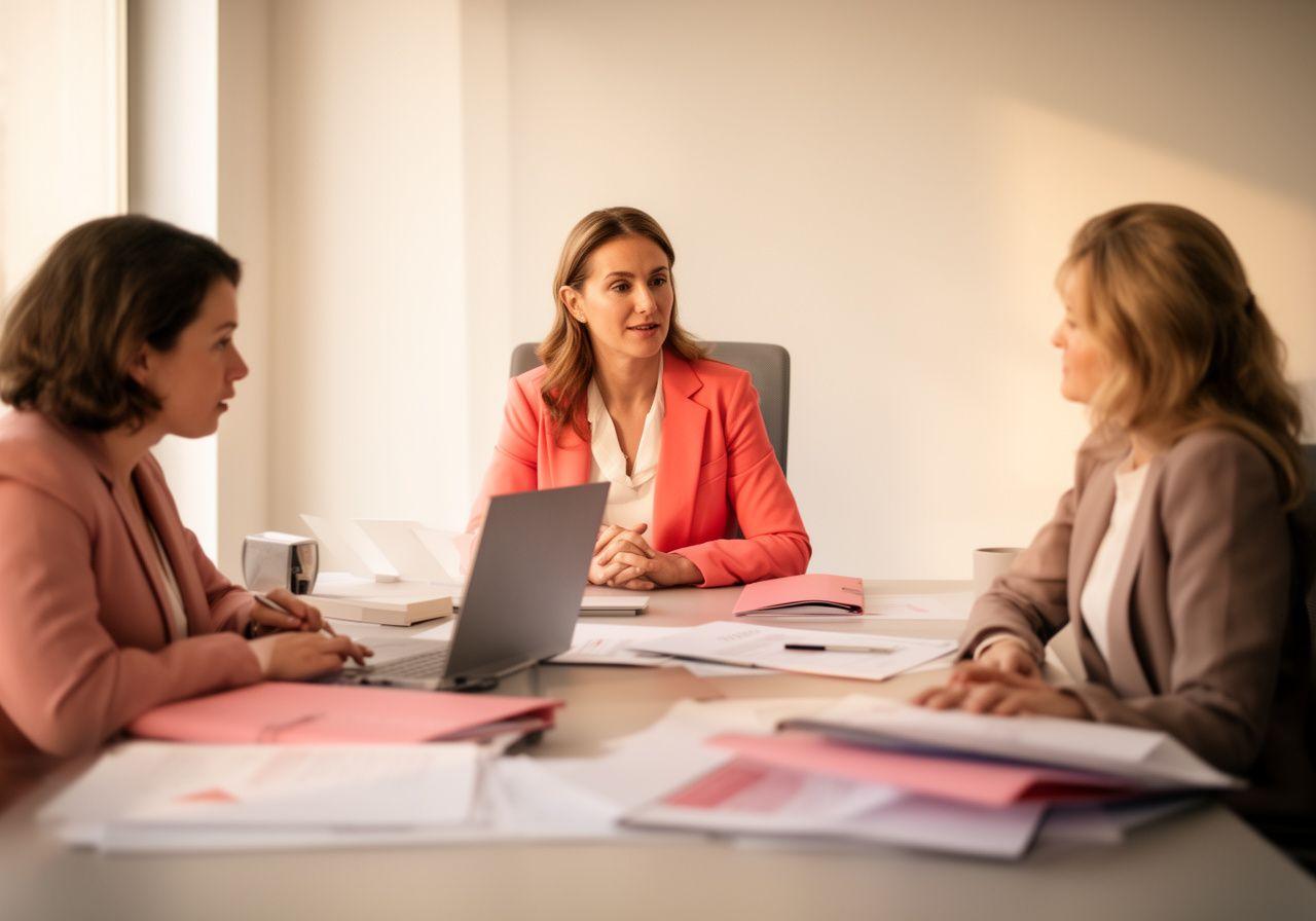 Solicitor and client talking at a calm meeting table with case notes and a laptop in a bright Sandwell office