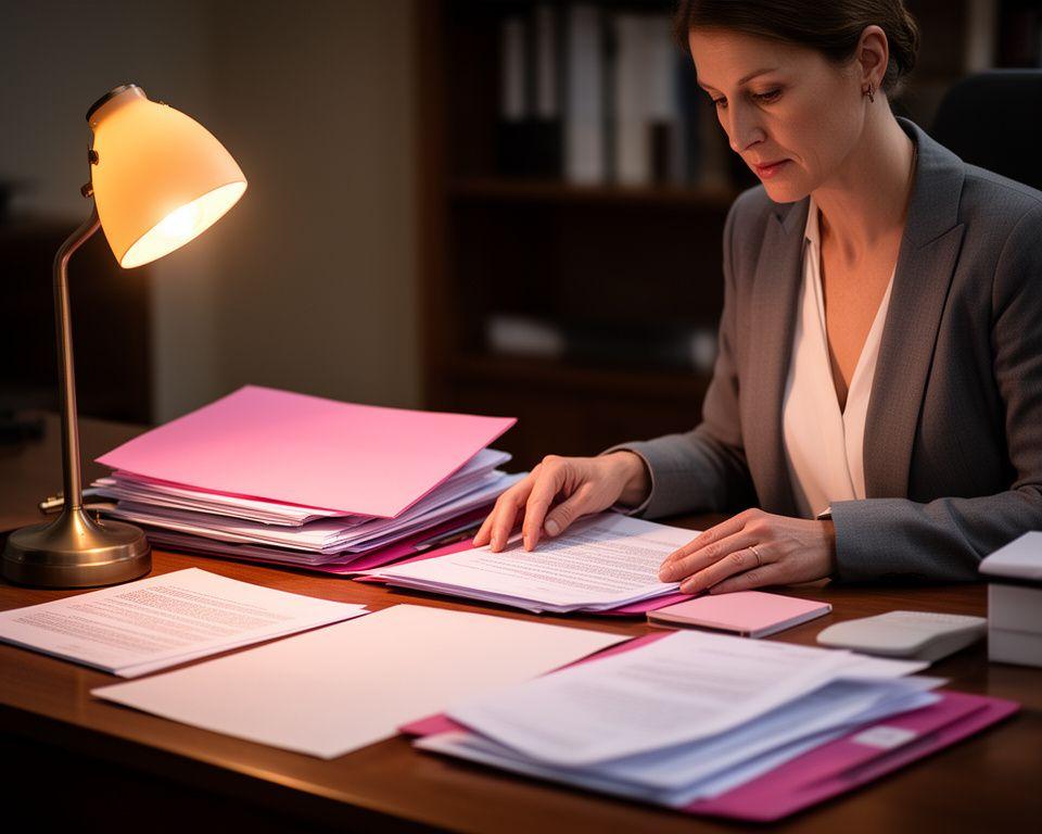 Solicitor reviewing family and contract papers beside a desk lamp in a Sandwell office