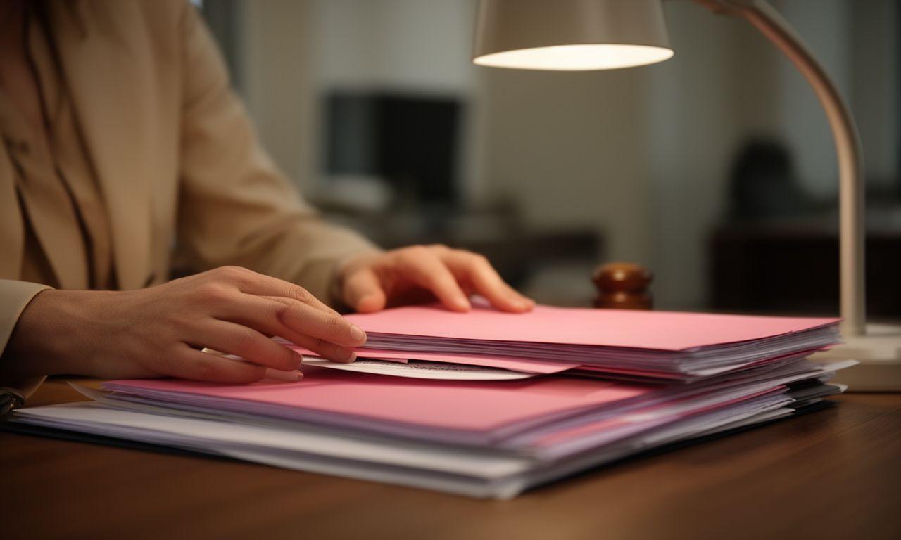 Solicitor reviewing a neatly arranged case file beside a desk lamp in a calm Sandwell office