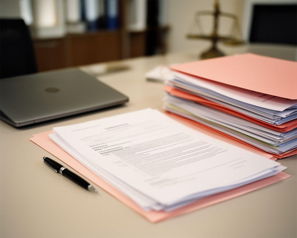 Close-up of a solicitor’s desk with privacy documents, a laptop, and a pen beside neatly stacked client files in a calm office setting