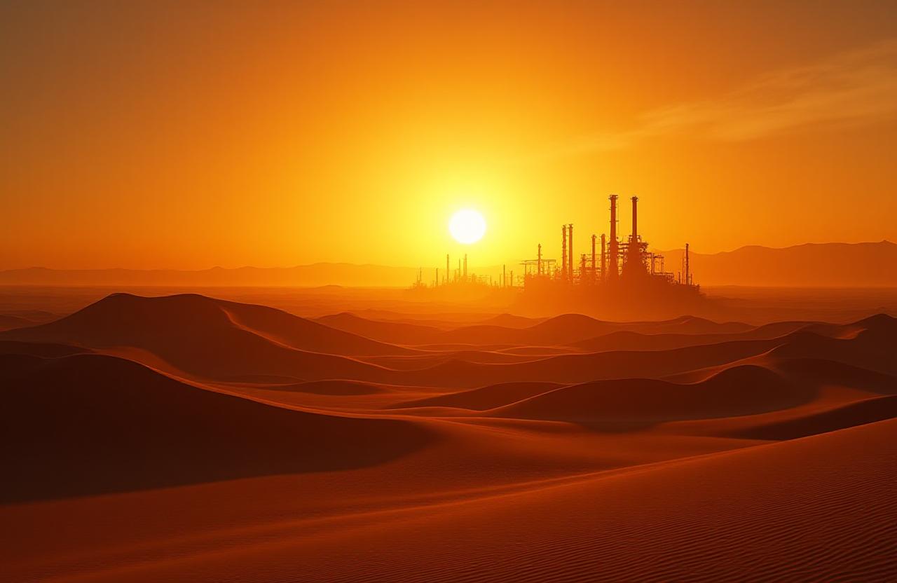 Desert industrial sunset landscape