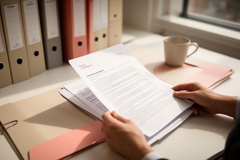 Solicitor reviewing printed legal documents at a desk in a bright Sandwell office