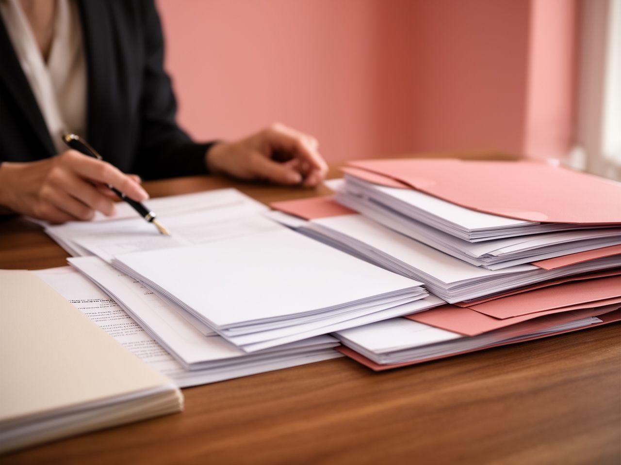 Solicitor reviewing estate planning papers beside a wooden desk with a fountain pen and neatly arranged folders